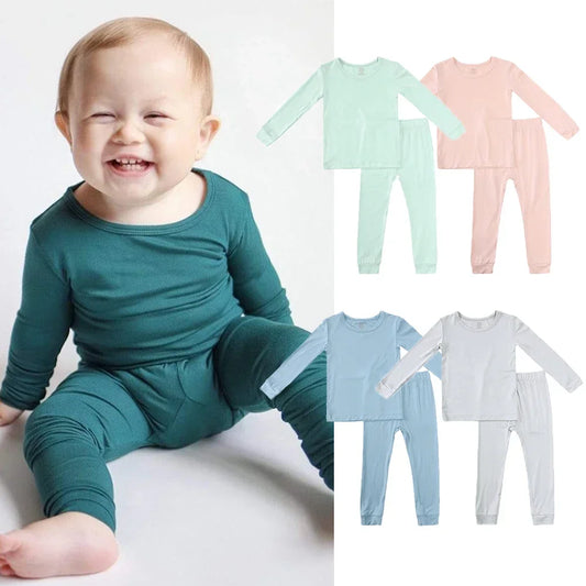 2023 Bamboo Fiber For Kids Pyjamas Solid Long Sleeve Pants Breathable Sleepwear Clothes Toddler Boy Girl Loungerwear Outfits